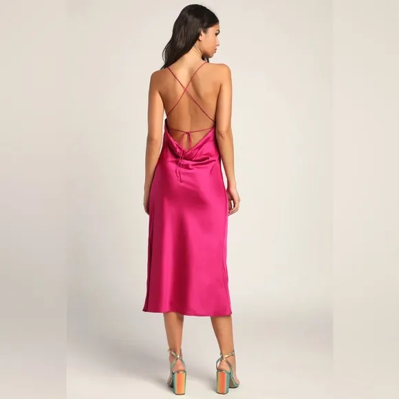 Enchant the Night Magenta Satin Cowl Back Midi Dress