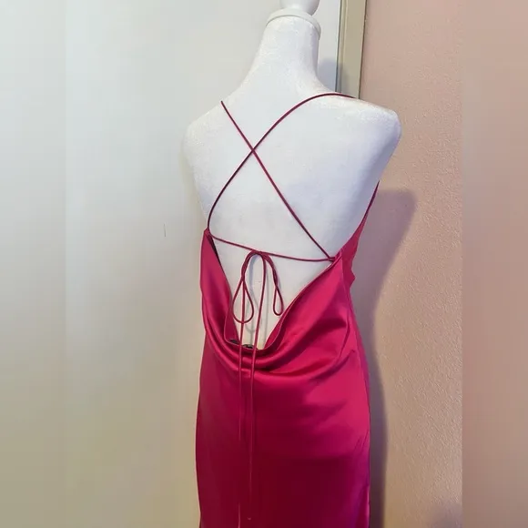 Enchant the Night Magenta Satin Cowl Back Midi Dress