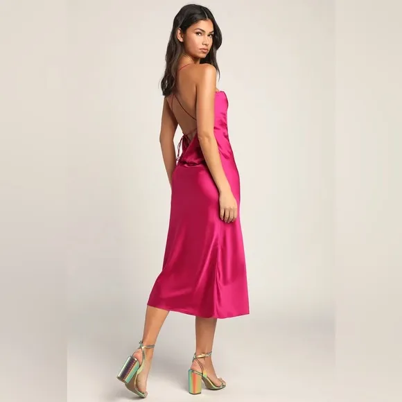 Enchant the Night Magenta Satin Cowl Back Midi Dress