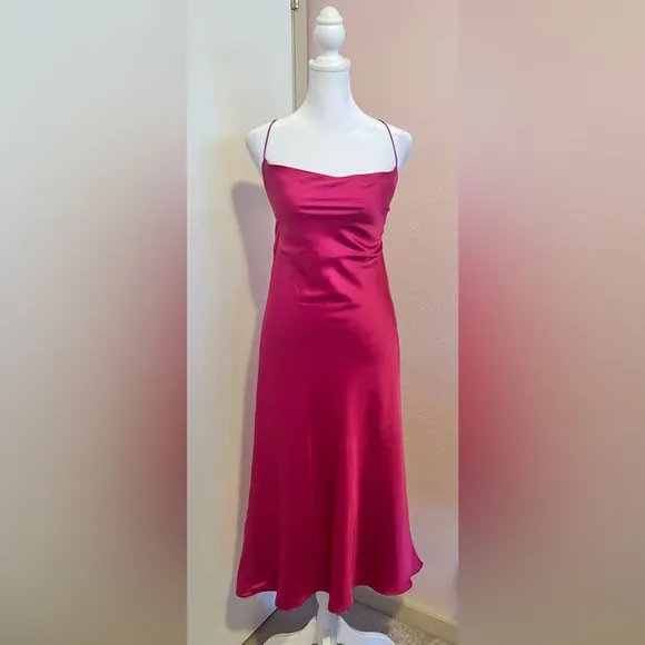 Enchant the Night Magenta Satin Cowl Back Midi Dress