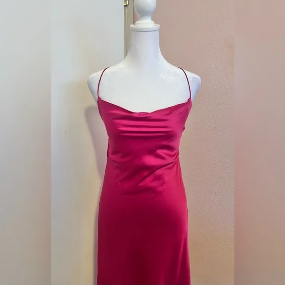 Enchant the Night Magenta Satin Cowl Back Midi Dress
