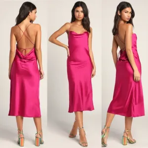 Enchant the Night Magenta Satin Cowl Back Midi Dress