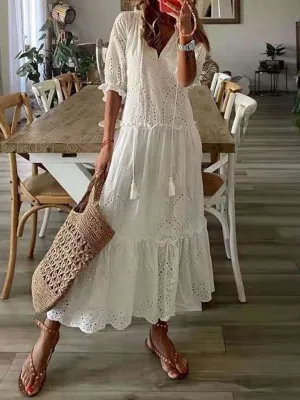 Eyelet Lace Midi Dress with V-Neck and Tassel Accents
