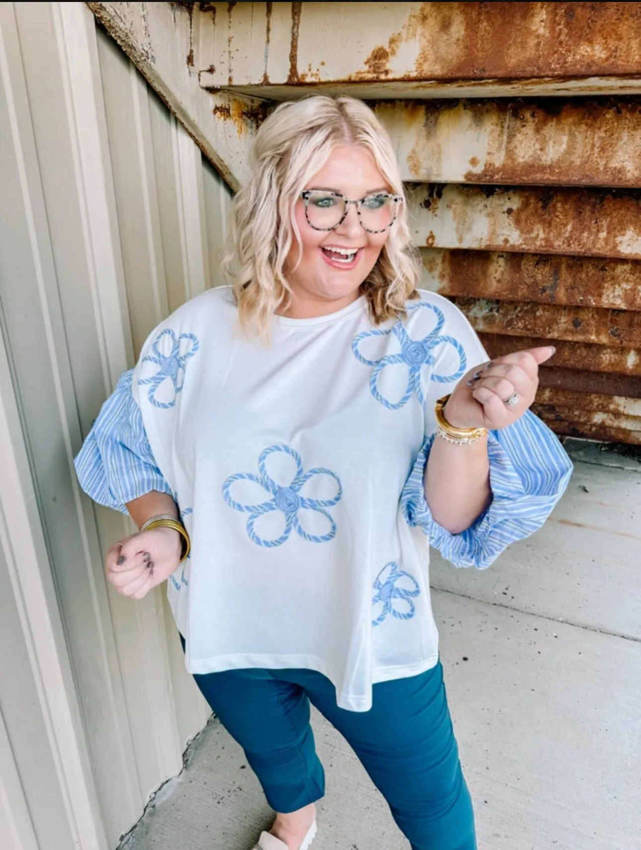 Fall Flowery French Terry Top in Blue