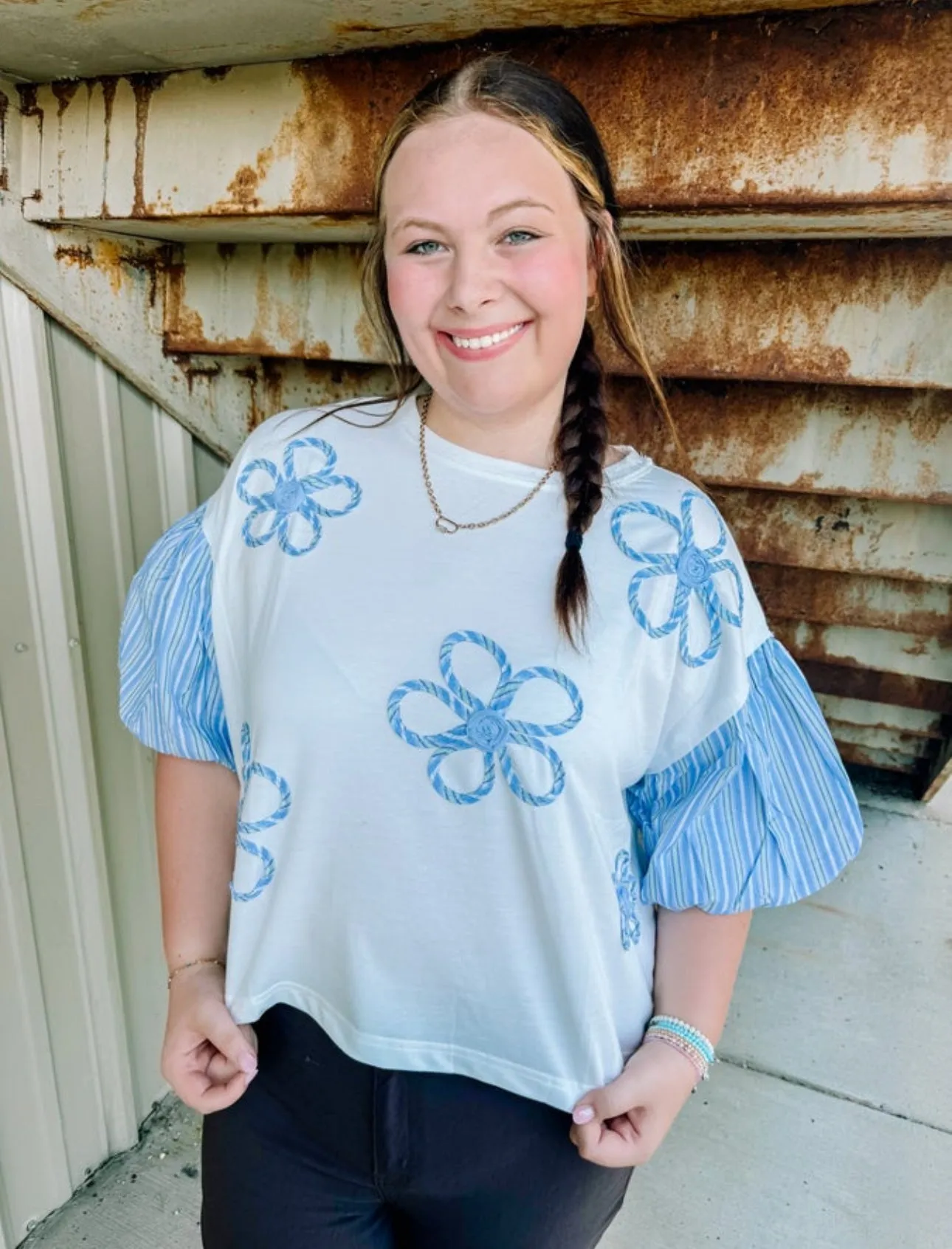 Fall Flowery French Terry Top in Blue