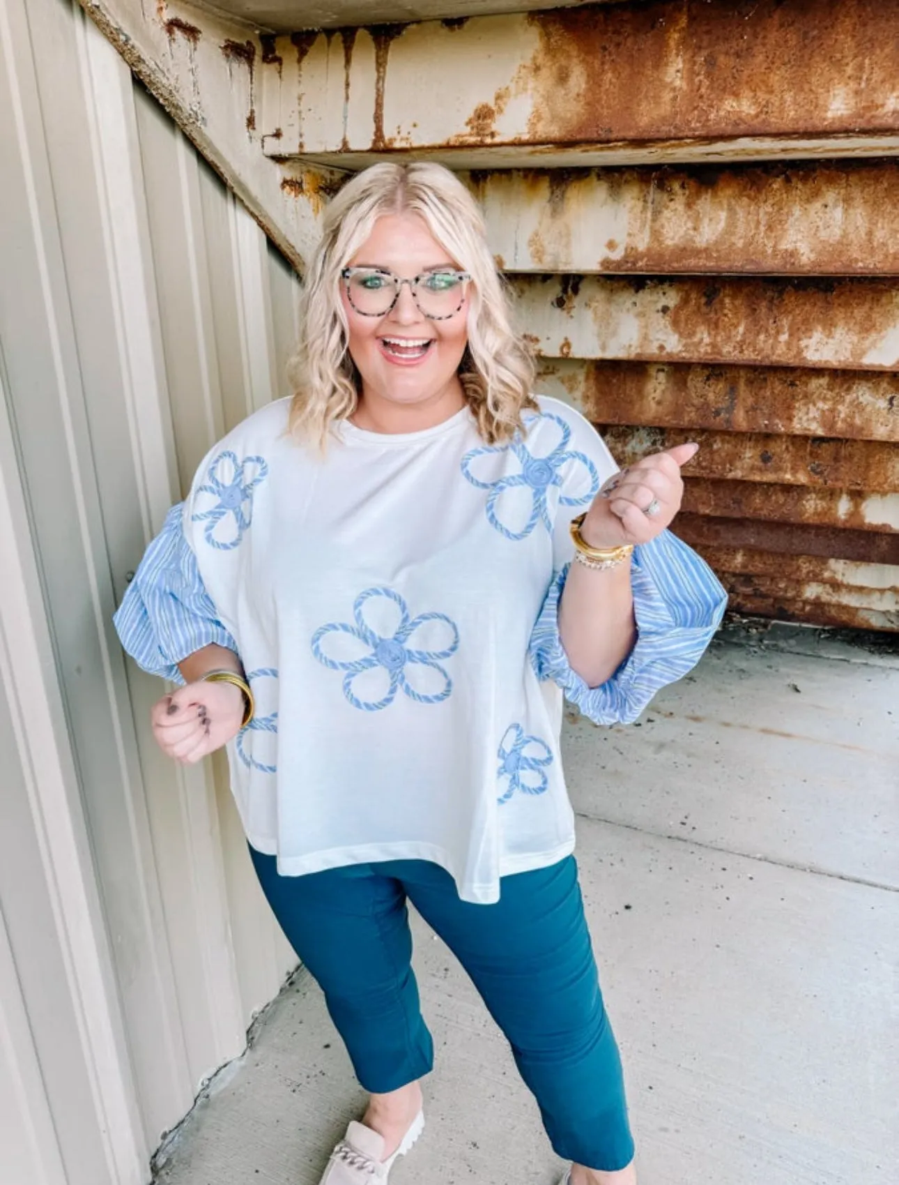 Fall Flowery French Terry Top in Blue