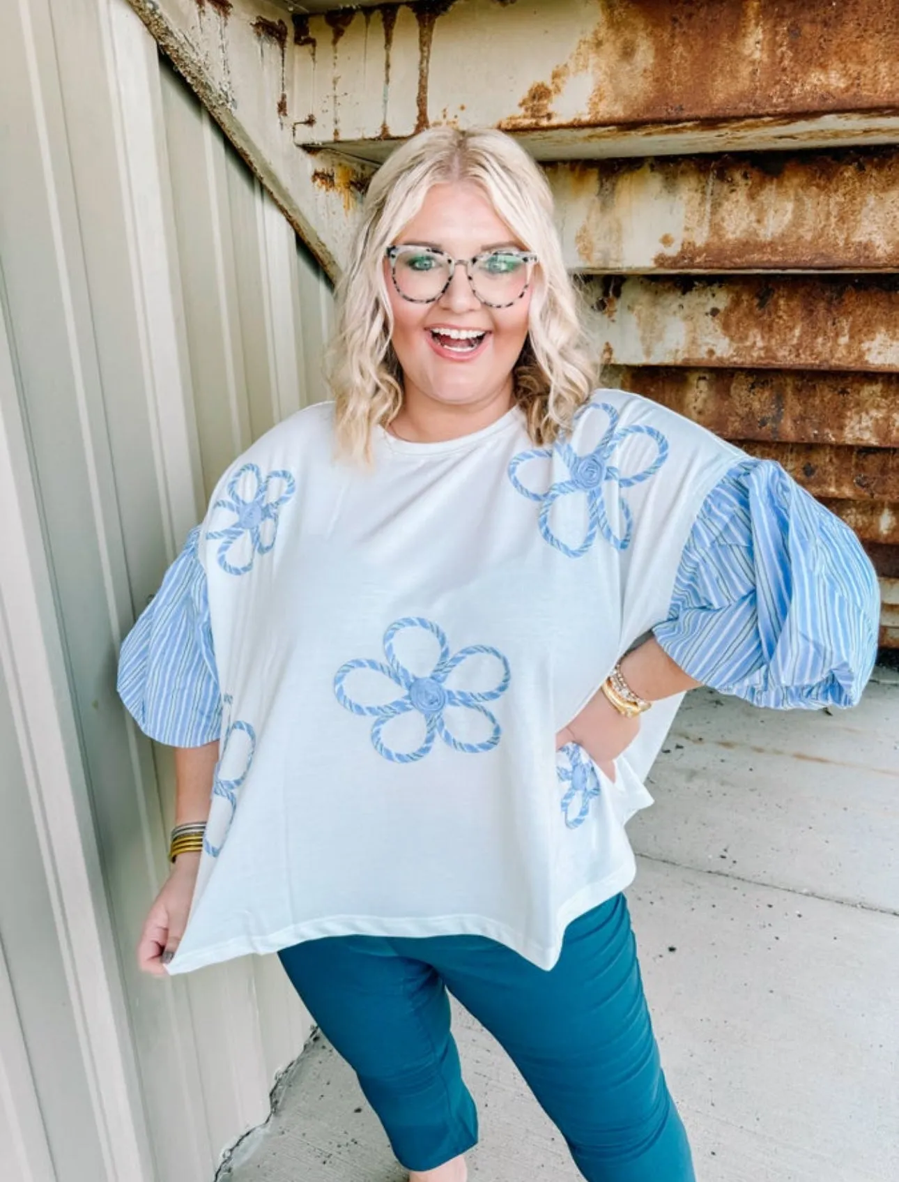 Fall Flowery French Terry Top in Blue