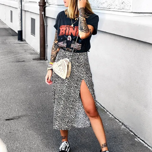 Fashion Skirt Women Cross-Border Women's Leopard Print Skirts Women High Waist Elastic Split midi A- line Skirt Streetwear