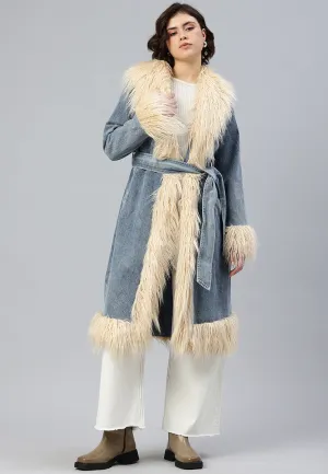 Faux Fur Trim Denim Trench Coat By RUW