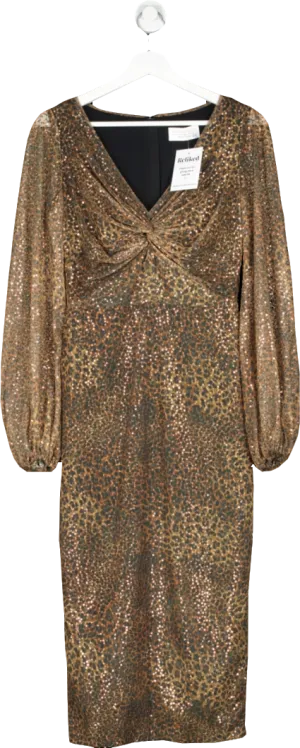 Fenn Wright Manson Brown Sequin Mesh Animal Print Midi Dress UK 8