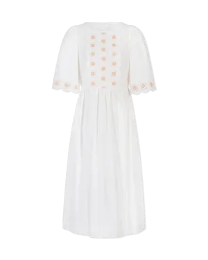 Floral Embroidered Short Sleeve White Dress
