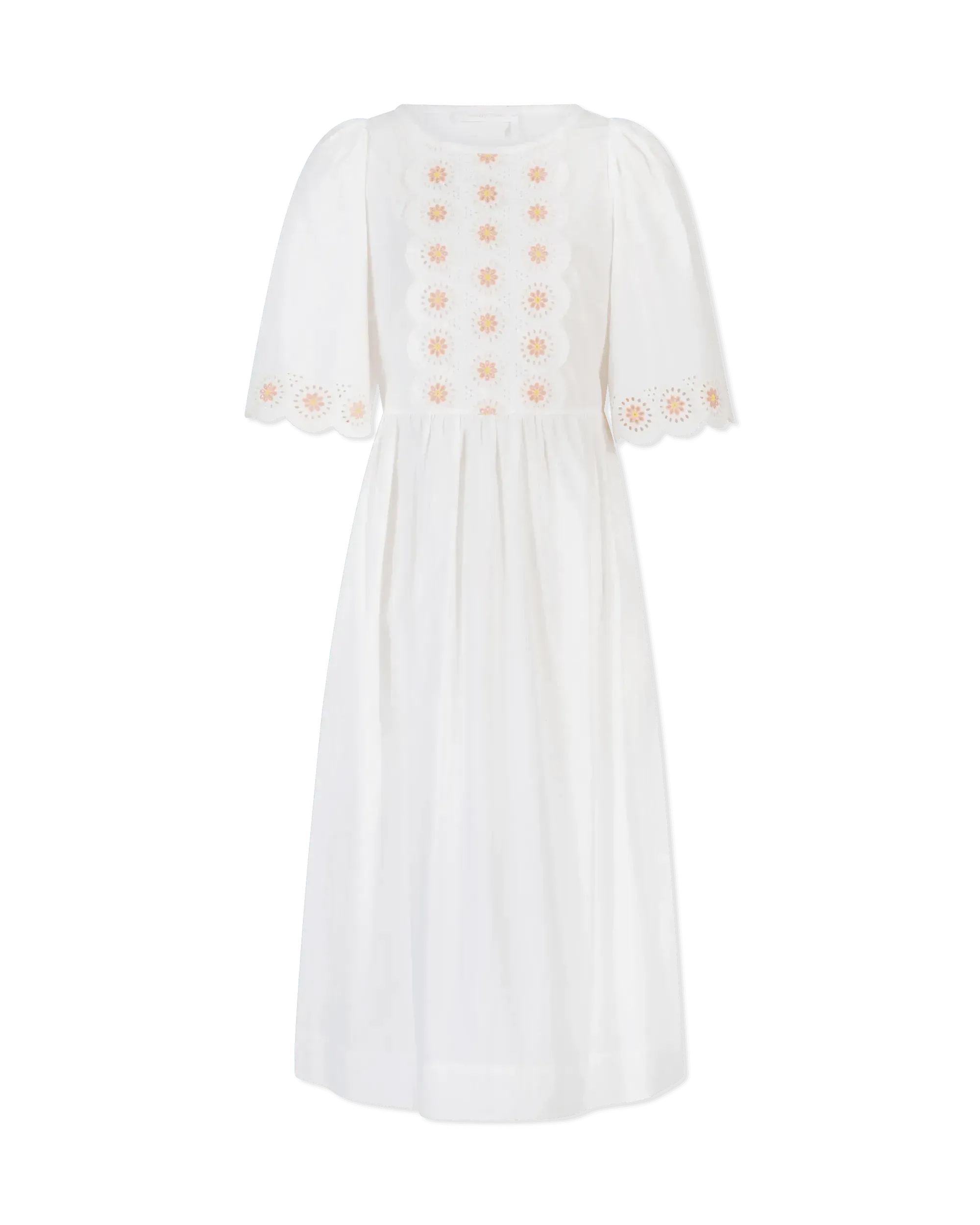 Floral Embroidered Short Sleeve White Dress