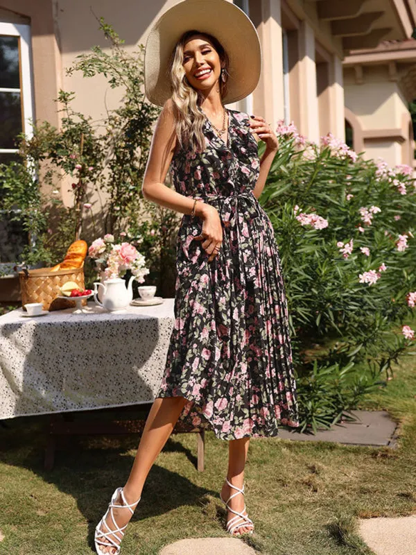 Floral Print Midi Dress with Ruffled V-Neck and Tie Waist