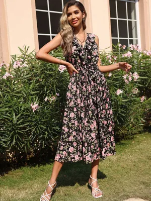 Floral Print Midi Dress with Ruffled V-Neck and Tie Waist
