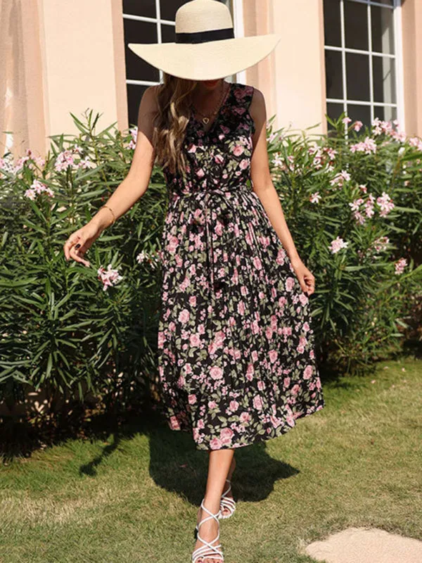 Floral Print Midi Dress with Ruffled V-Neck and Tie Waist