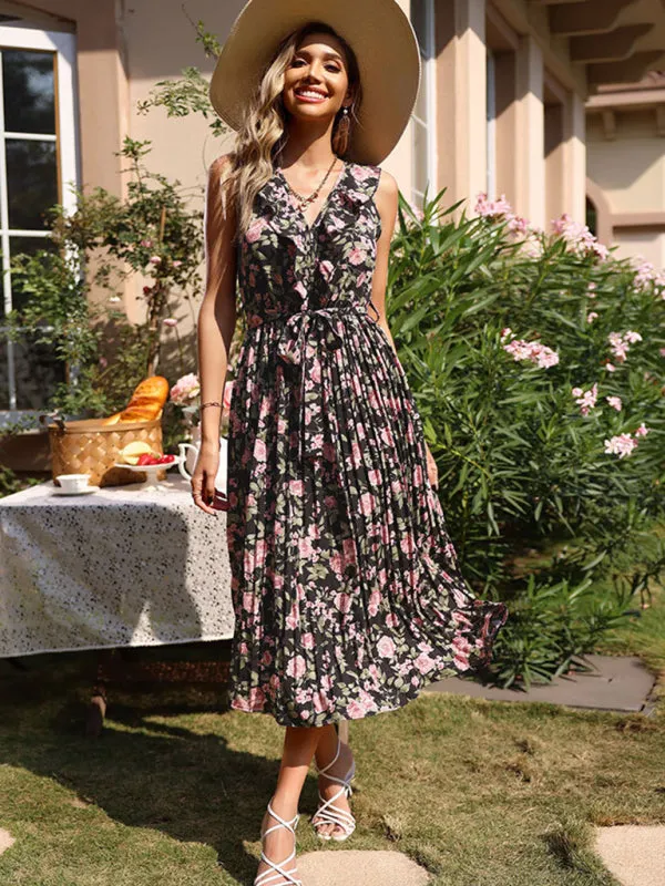 Floral Print Midi Dress with Ruffled V-Neck and Tie Waist