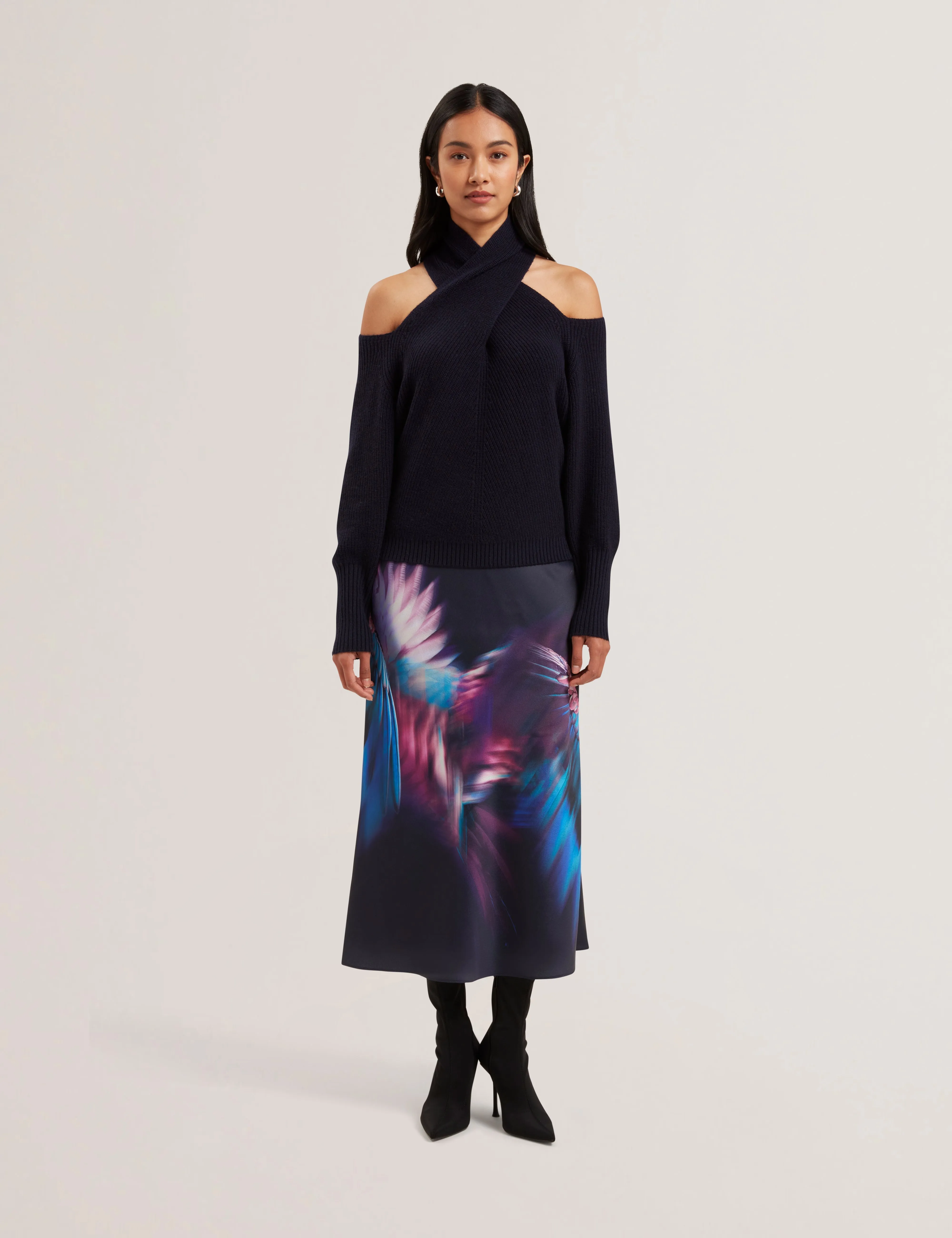 Gilao Printed Midi Bias Cut Skirt Navy