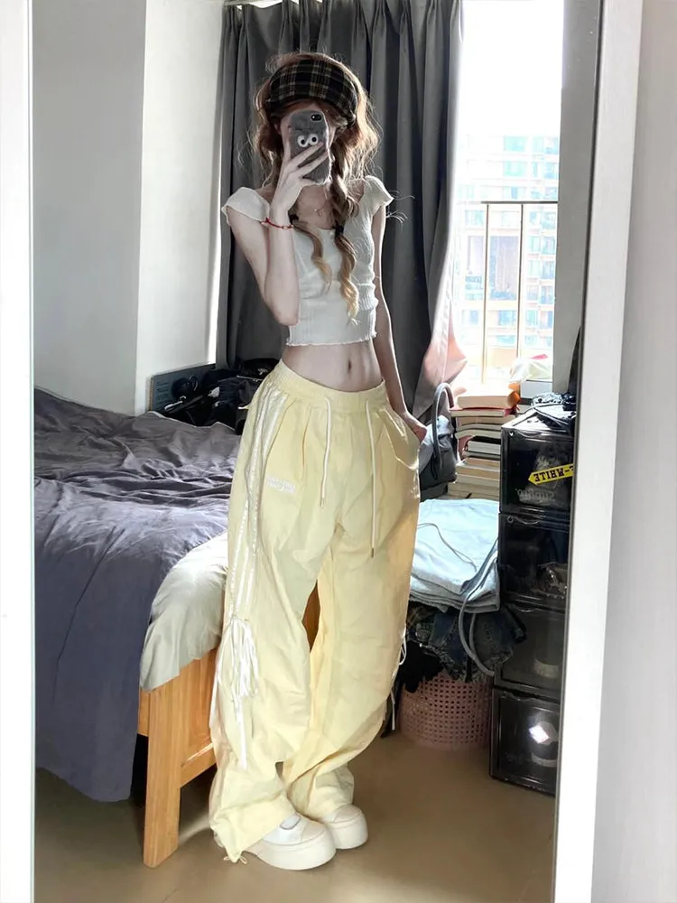 Gina Solid Color Sport Straight Leg Pants, Coquette Cute Baggy Oversized Parachute Pants