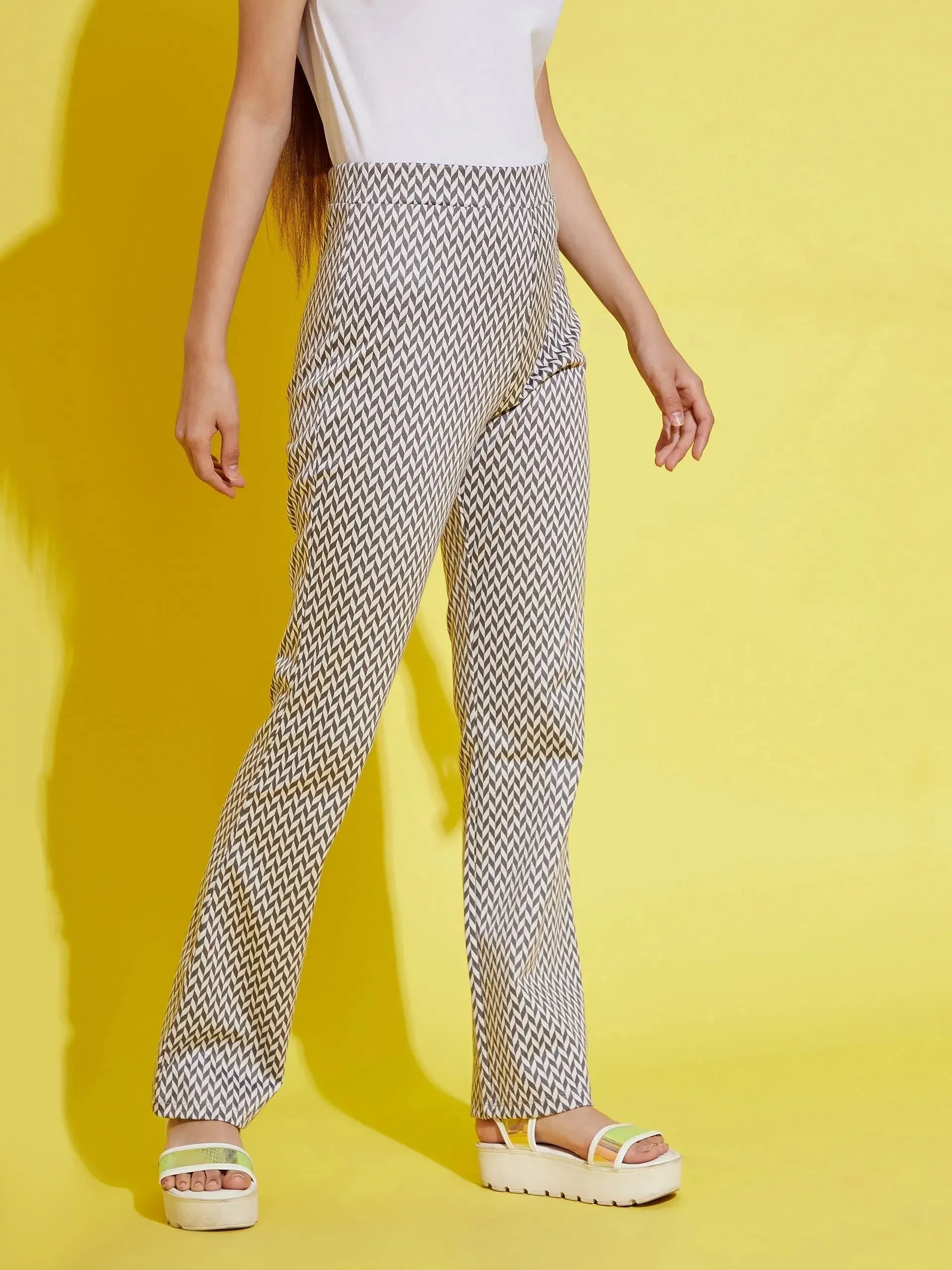 Girls White & Grey Herringbone Boot Leg Pants