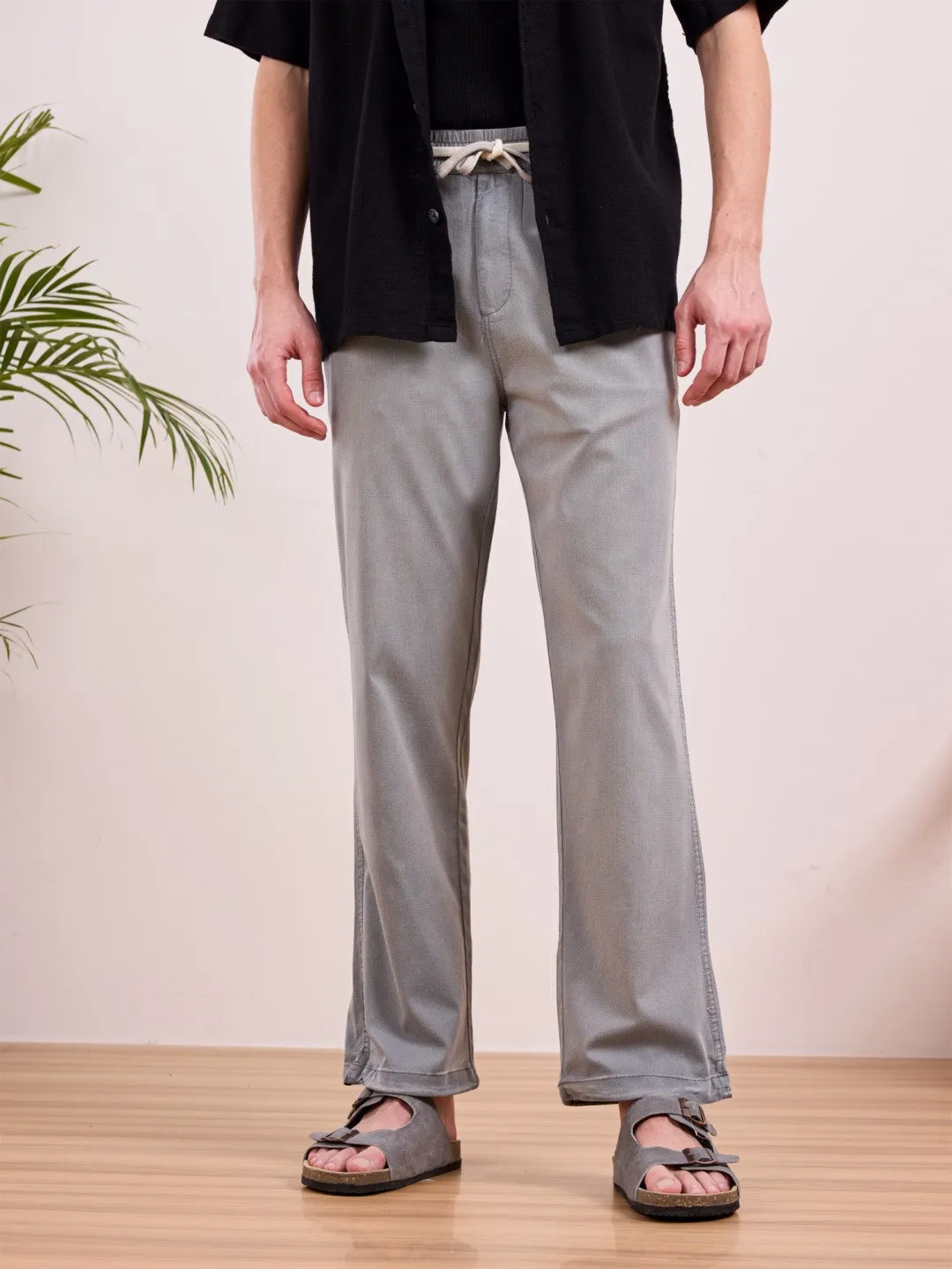 Grey Cotton Stretch Wide Leg Pants