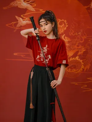 Hanfu Dragon Embroidery T-shirt Wide-leg Pants Two-piece Set UB6312
