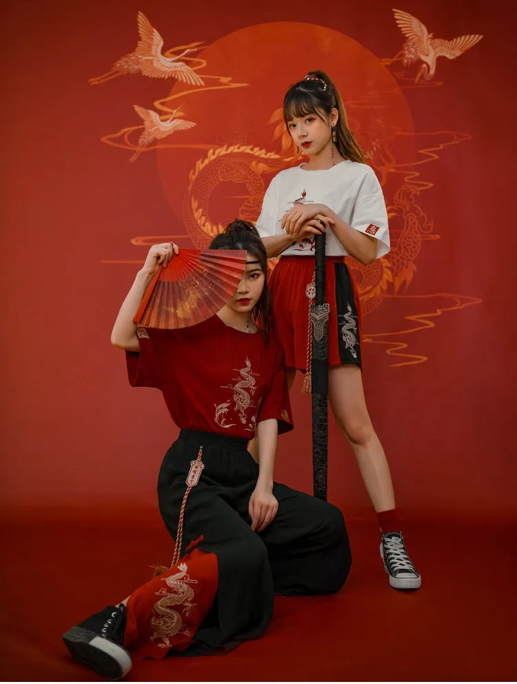 Hanfu Dragon Embroidery T-shirt Wide-leg Pants Two-piece Set UB6312