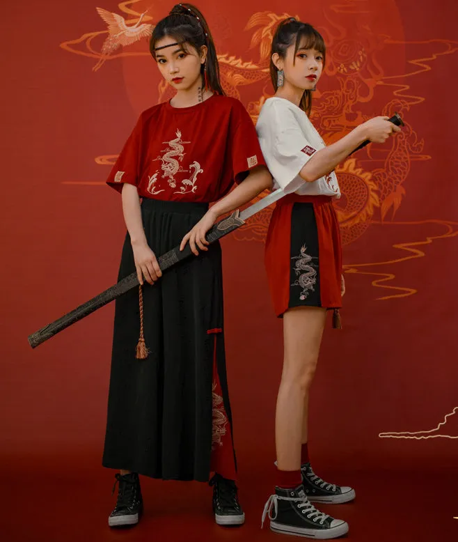 Hanfu Dragon Embroidery T-shirt Wide-leg Pants Two-piece Set UB6312