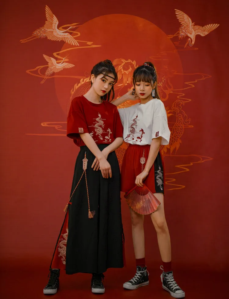 Hanfu Dragon Embroidery T-shirt Wide-leg Pants Two-piece Set UB6312
