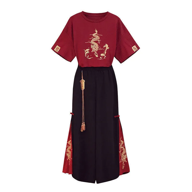 Hanfu Dragon Embroidery T-shirt Wide-leg Pants Two-piece Set UB6312