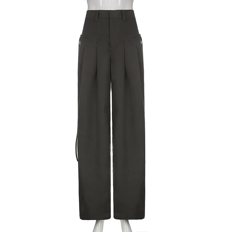 High-Waisted Pleated Casual Floor-Length Pants S-231120-4