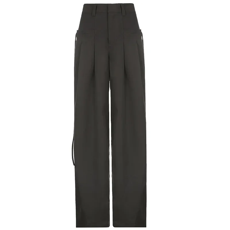 High-Waisted Pleated Casual Floor-Length Pants S-231120-4