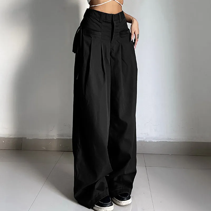 High-Waisted Pleated Casual Floor-Length Pants S-231120-4