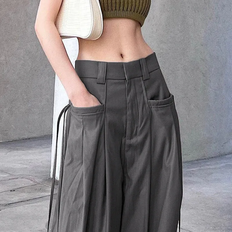 High-Waisted Pleated Casual Floor-Length Pants S-231120-4