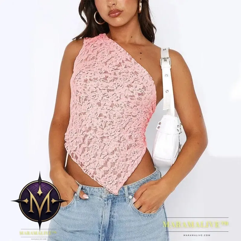 Ins Lace Backless Top Summer Solid Color Waistless Asymmetrical Sloped Neck Vest Streetwear Womens Clothes