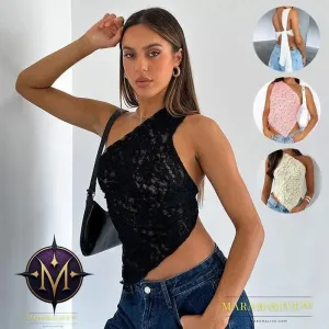 Ins Lace Backless Top Summer Solid Color Waistless Asymmetrical Sloped Neck Vest Streetwear Womens Clothes