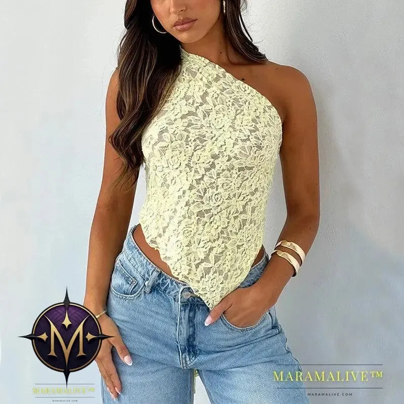 Ins Lace Backless Top Summer Solid Color Waistless Asymmetrical Sloped Neck Vest Streetwear Womens Clothes