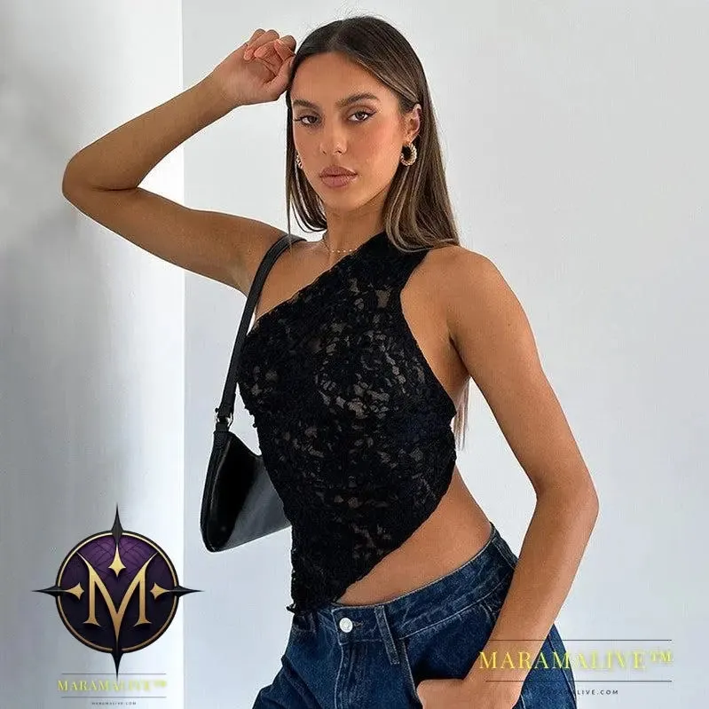 Ins Lace Backless Top Summer Solid Color Waistless Asymmetrical Sloped Neck Vest Streetwear Womens Clothes