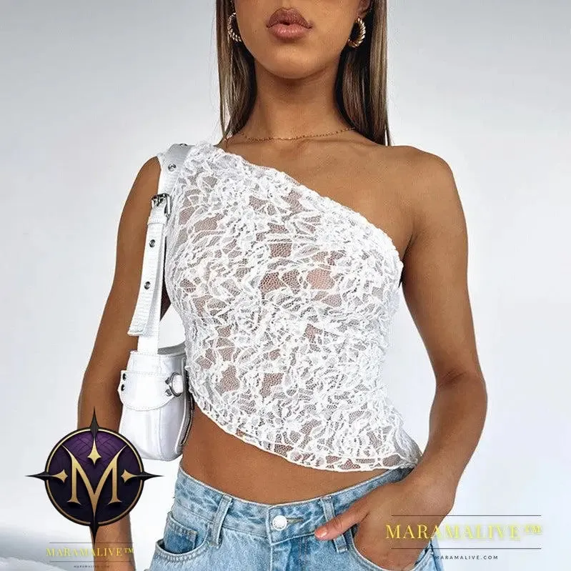 Ins Lace Backless Top Summer Solid Color Waistless Asymmetrical Sloped Neck Vest Streetwear Womens Clothes