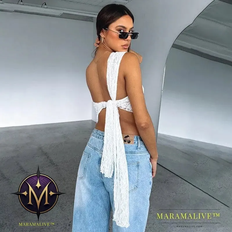 Ins Lace Backless Top Summer Solid Color Waistless Asymmetrical Sloped Neck Vest Streetwear Womens Clothes