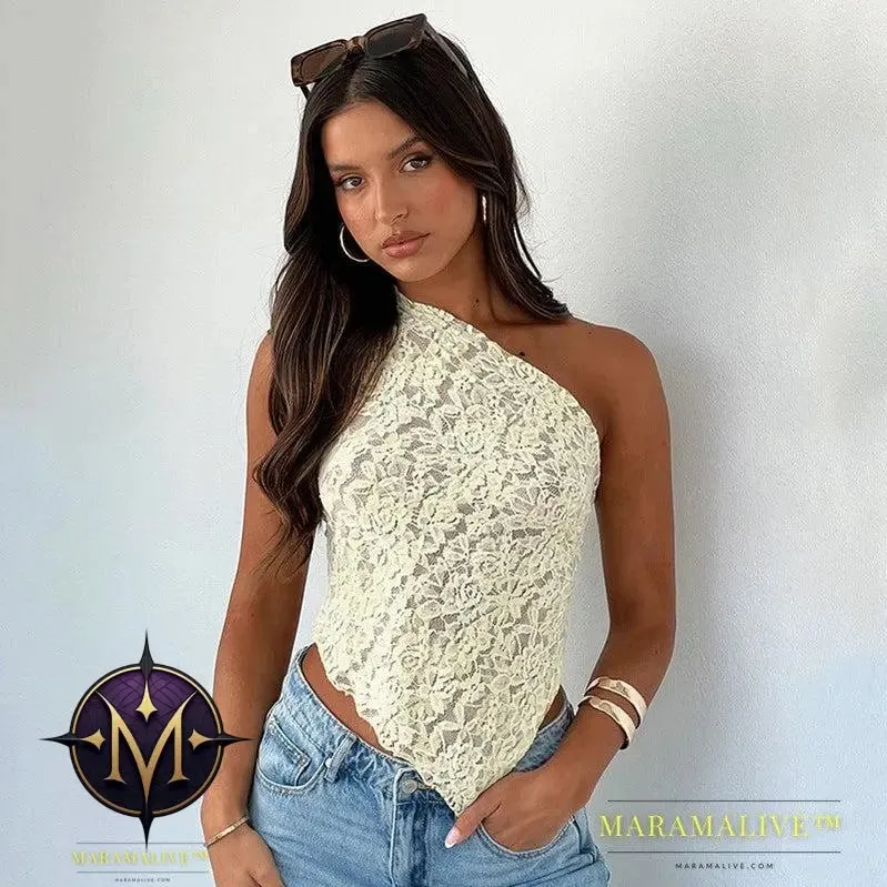 Ins Lace Backless Top Summer Solid Color Waistless Asymmetrical Sloped Neck Vest Streetwear Womens Clothes