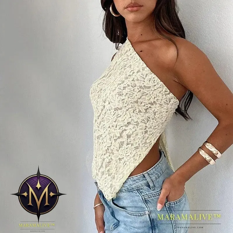 Ins Lace Backless Top Summer Solid Color Waistless Asymmetrical Sloped Neck Vest Streetwear Womens Clothes