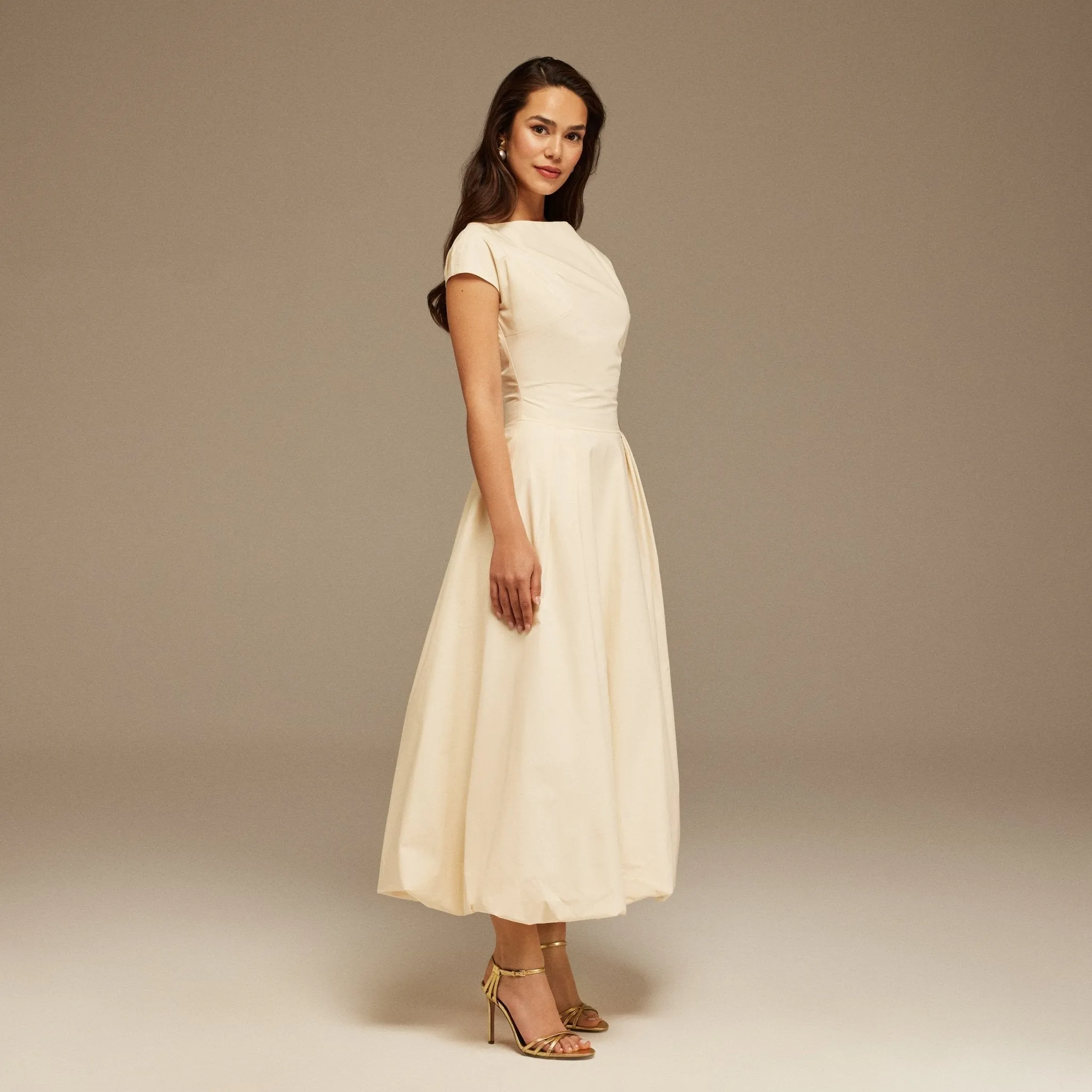 Ivory Short Sleeve Balloon Midi Dress