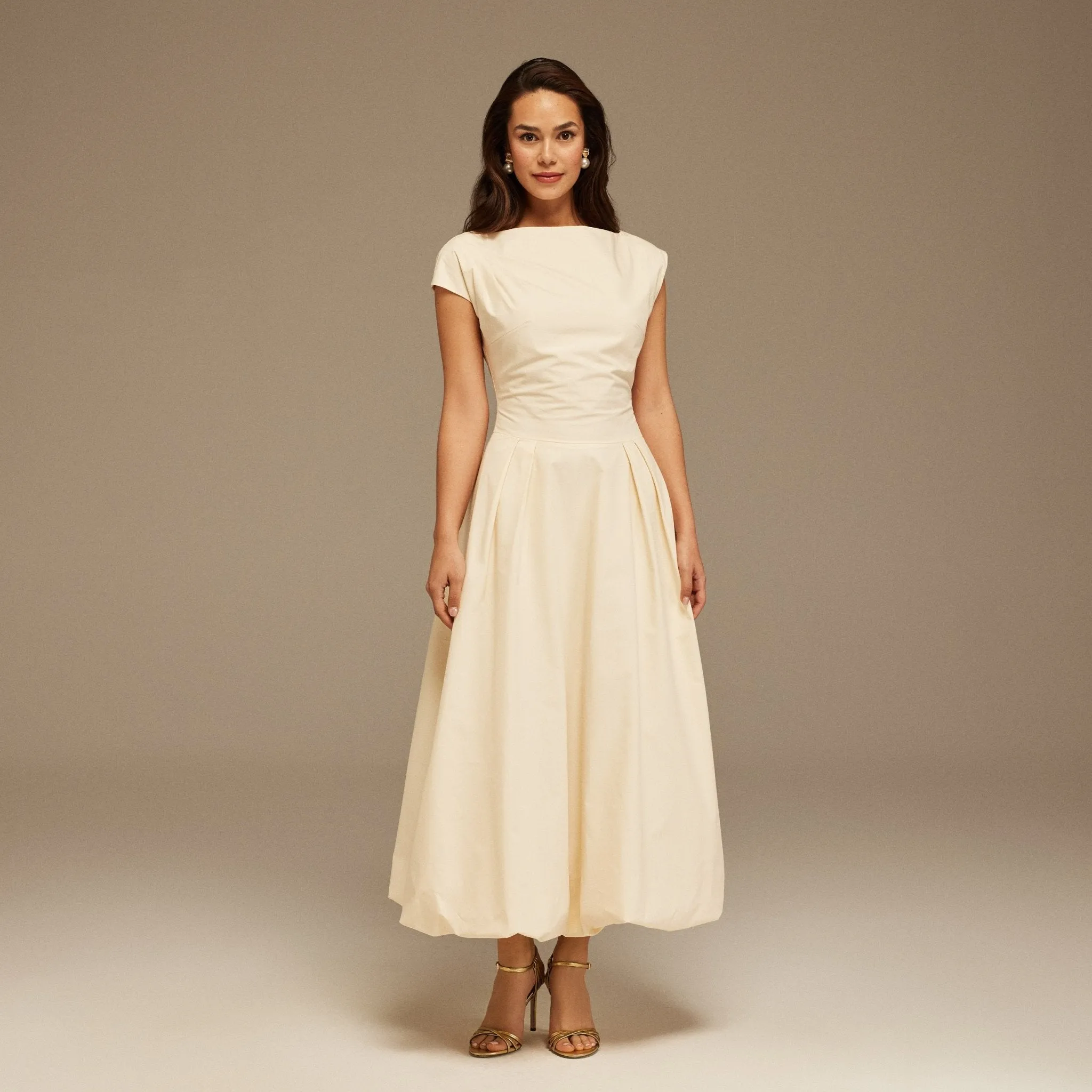 Ivory Short Sleeve Balloon Midi Dress