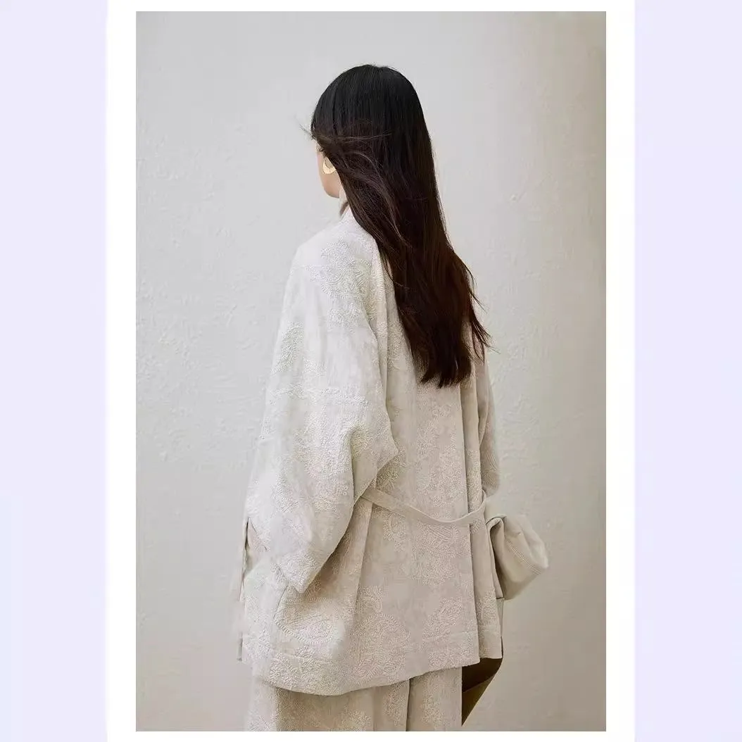 Jacquard cotton and linen retro new Chinese top women's short trench coat women's, spring casual top A1032