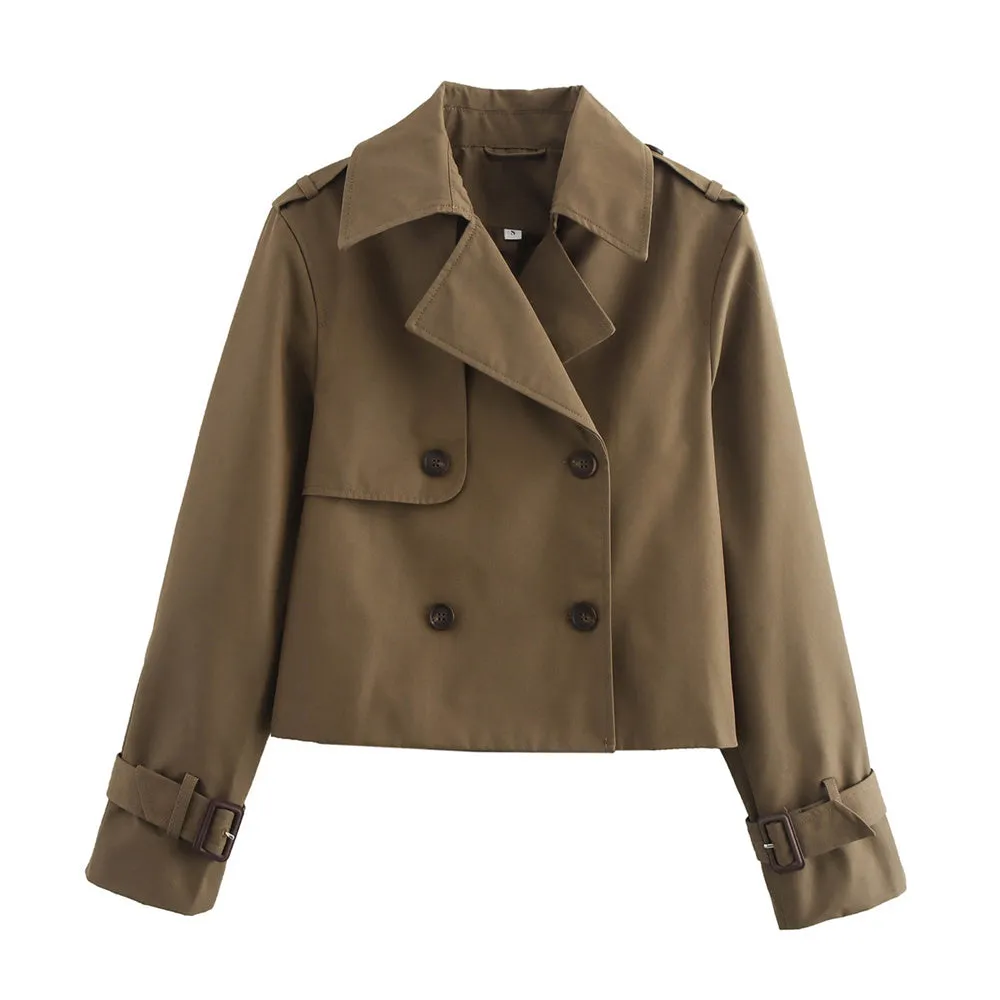 JazzHer Ladies Vintage Cropped Trench Spring Autumn Jacket Women Streetwear Double Breasted Long Sleeve Top Female Chic Coat Outfits