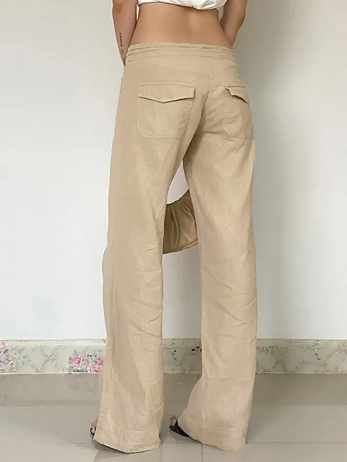 JazzHer Vintage Drawstring Tie Low-Waist Straight-Leg Pants