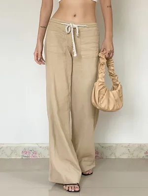 JazzHer Vintage Drawstring Tie Low-Waist Straight-Leg Pants