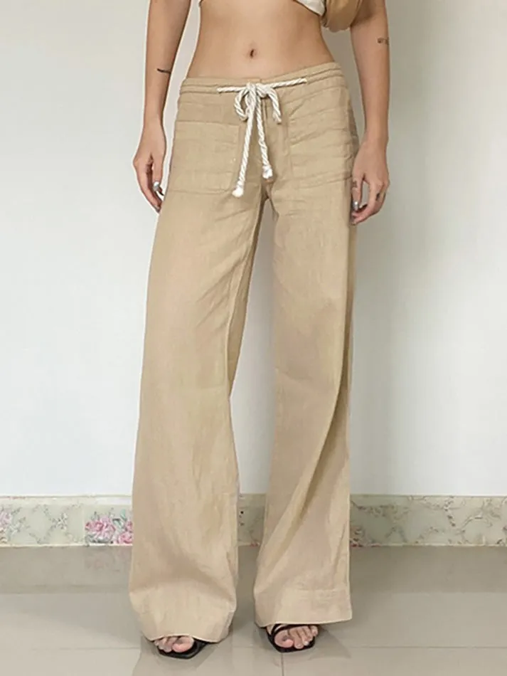 JazzHer Vintage Drawstring Tie Low-Waist Straight-Leg Pants