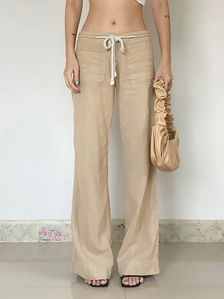 JazzHer Vintage Drawstring Tie Low-Waist Straight-Leg Pants