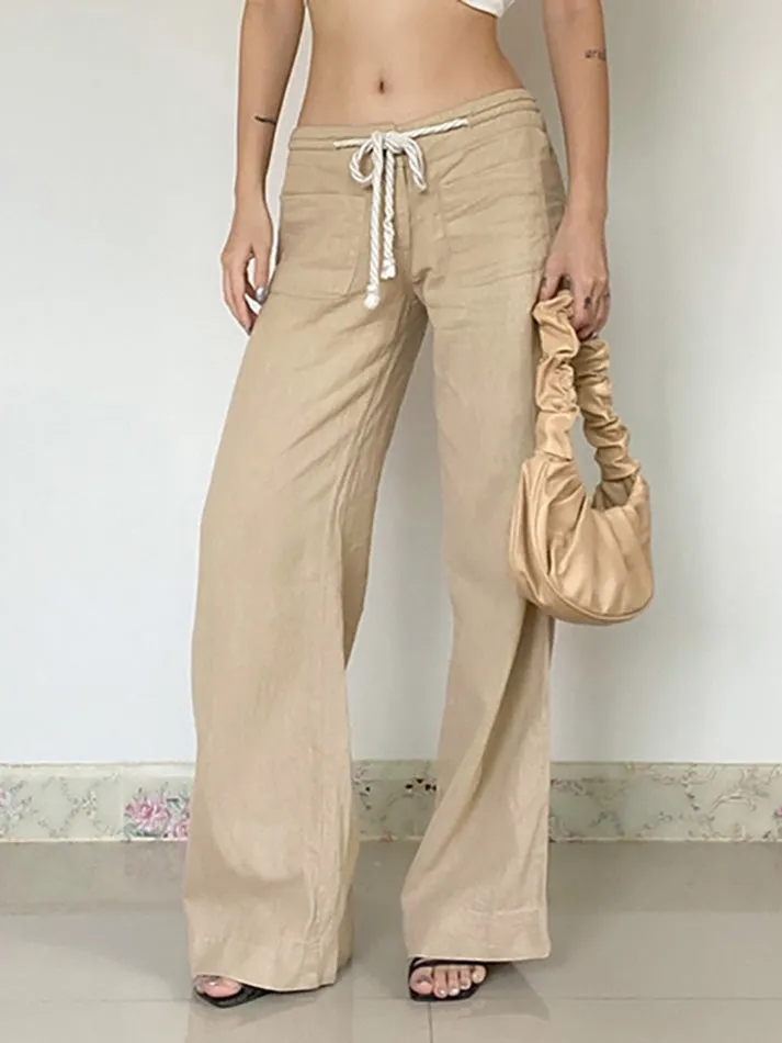 JazzHer Vintage Drawstring Tie Low-Waist Straight-Leg Pants